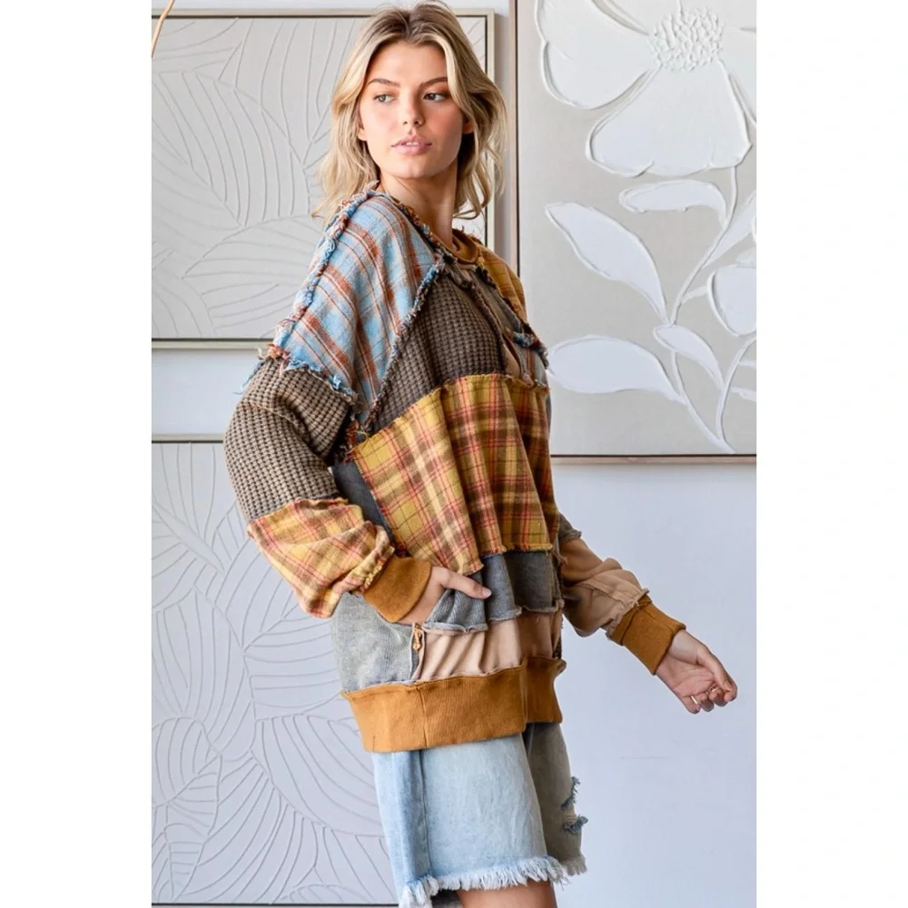 Oli & Hali Washed Mixed Fabric Plaid Pullover in Mustard Combo - Picture 7 of 14